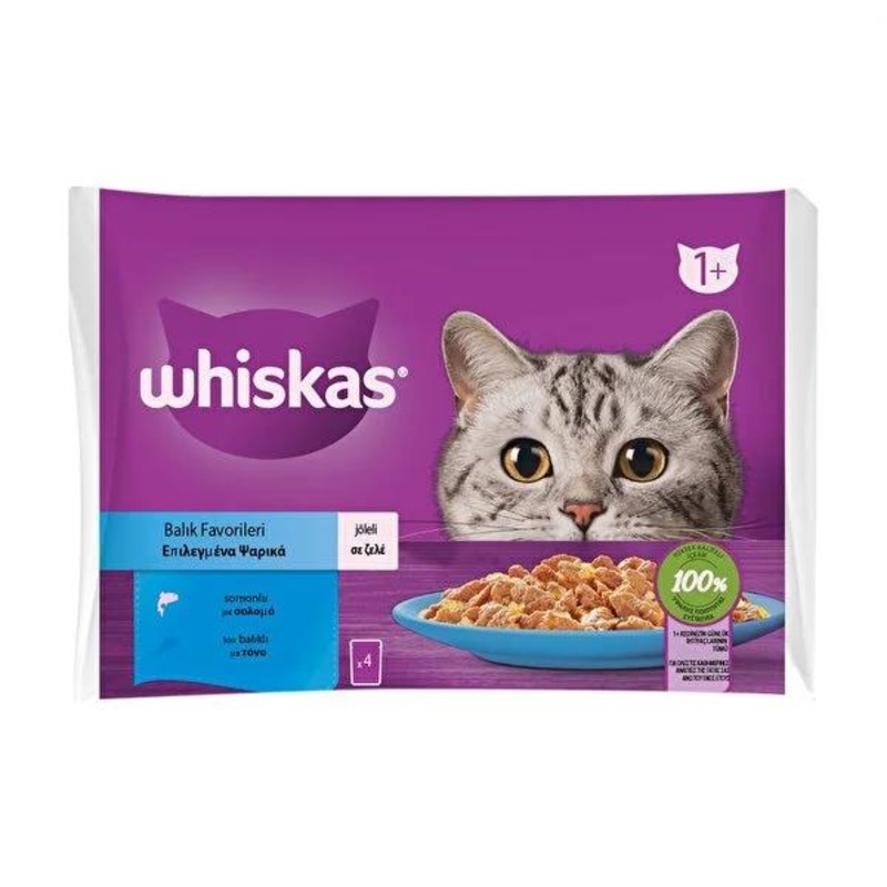 Whiskas Wet Cat Food Pouches: Salmon & Tuna Flavors, Balanced Nutrition for Healthy Skin & Urinary Tract – 4x85g
