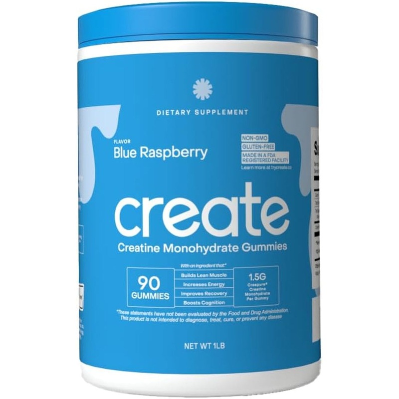 Create Creatine Monohydrate Gummies  90 Gummies | Blue Raspberry Flavor | Vegan, NonGMO, Strength, Focus & Recovery Support Blue Raspberry