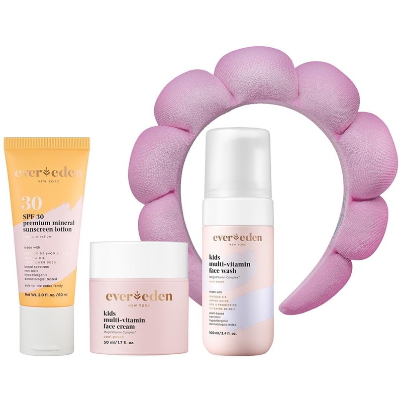 Evereden Kids Daily 1-2-3 Routine Bundle  Peach + Headband | Gentle, Vegan Skincare & Fun Hair Care Set for Kids (Ages 4+) Peach + Headband