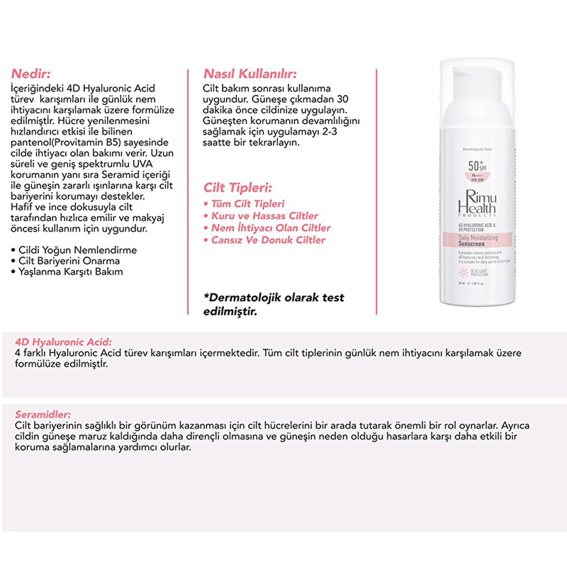 Rimu Health Hyaluronic Acid Daily Sunscreen – SPF UVA/UVB Protection, Lightweight, Moisturizing, Sensitive Skin – 50ml