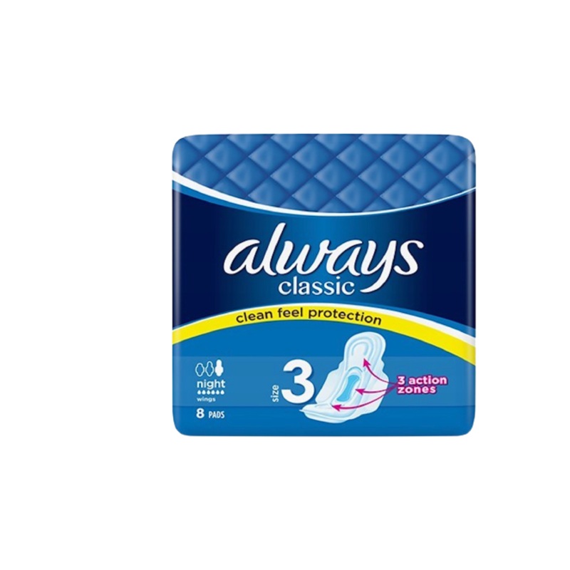 Always Classic Clean Feel Protection Night Wings8Pads