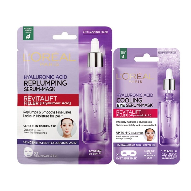 L’Oreal Paris Hyaluronic Acid Replumping Serum Mask & Cooling Eye Serum Mask Bundle Pack