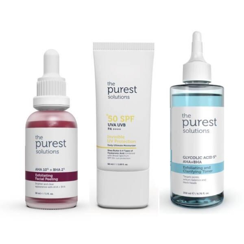 The Purest Solutions: Blackhead Remover, Pore Tightening & SPF50 Sunscreen Skincare Set | AHA BHA Peeling, Glycolic & Hyaluronic Acid  Exfoliate, Clarify & Protect.