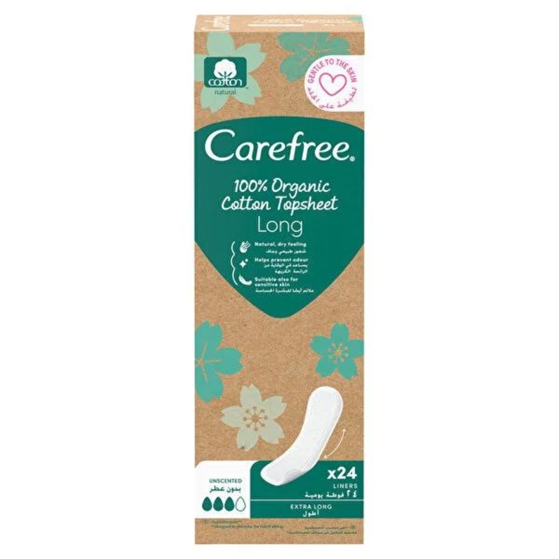 Carefree Organic Cotton Long Panty Liners – 24 Count, Unscented, Hypoallergenic – Comfortable & Sustainable Feminine Hygiene