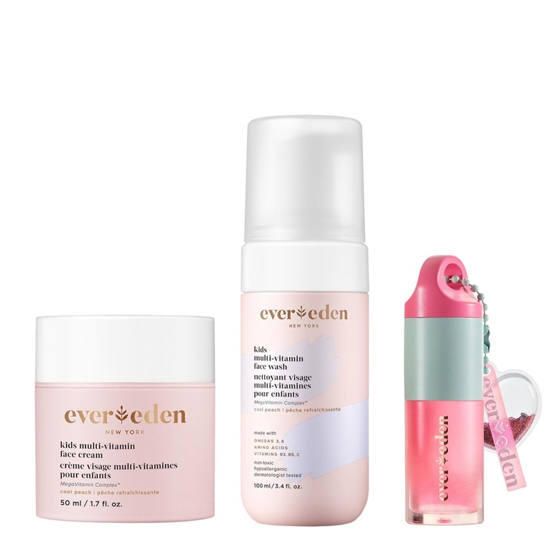 Evereden Happy Kids Skin & Lips Routine  3-Piece Set | Hydrating Face Care & Lip Oil for Children 3+ Peach / Pink