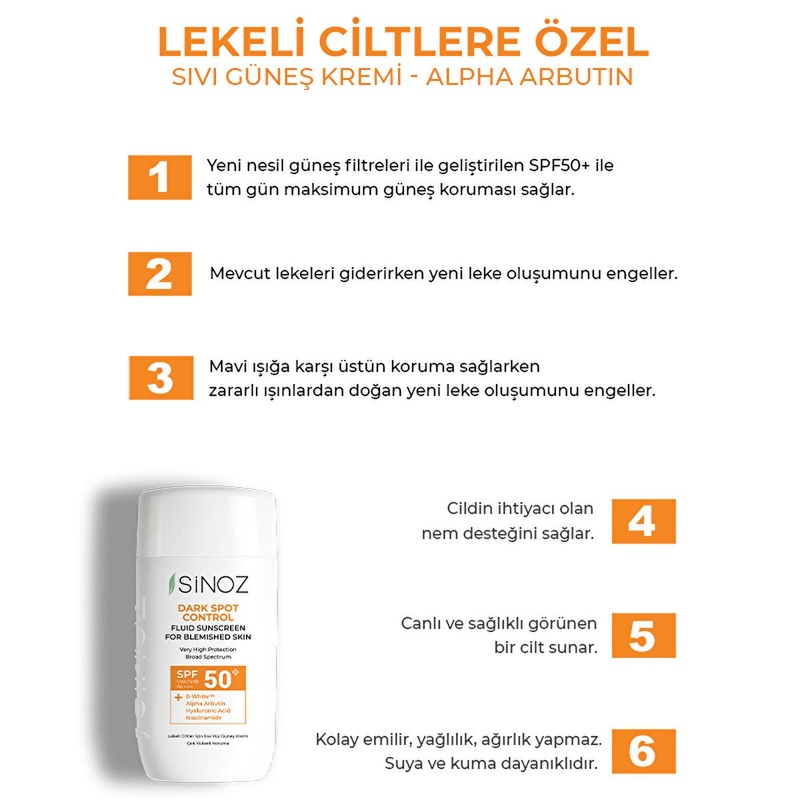 Sinoz SPF50+ Sunscreen for Dark Spots: Brightening Facial Sunscreen with Alpha Arbutin & Hyaluronic Acid  Non-Greasy, Daily Sun Protection for Hyperpigmentation