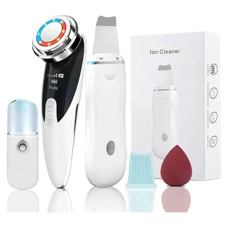 Ultrasonic Skin Scrubber  Deep Pore Cleansing & Anti-Aging Device | Red & Blue LED Therapy + Serum Booster White Set 1