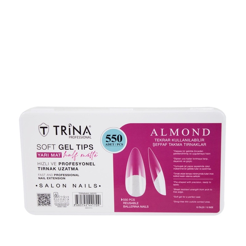 Trina Artificial Nails – 550 Piece Soft Gel Almond Shape Semi-Matte Reusable Nail Tips for Nail Art & Beauty Enhancements