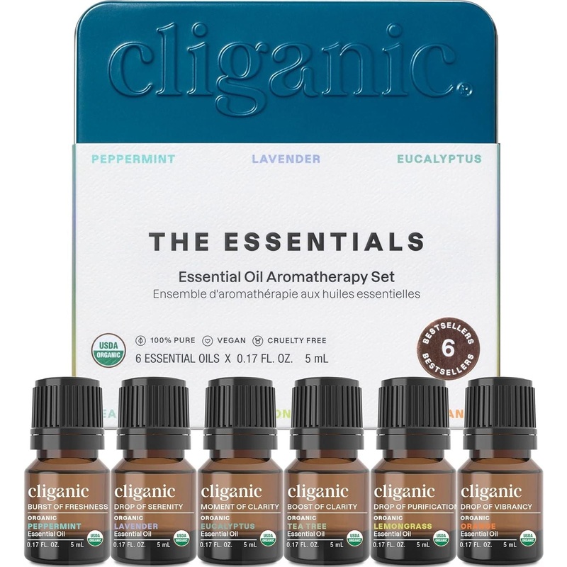 Cliganic The Essentials Essential Oil Aromatherapy Set  6 x 5ml | 100% Pure, USDA Organic Oils for Diffusing, Relaxation & Wellness