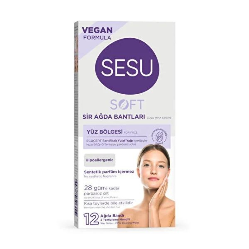 Sesu Facial Wax Strips 12-Count: Gentle, Hypoallergenic Hair Removal for Face, Long-Lasting Smoothness with Oat Oil for Sensitive Skin