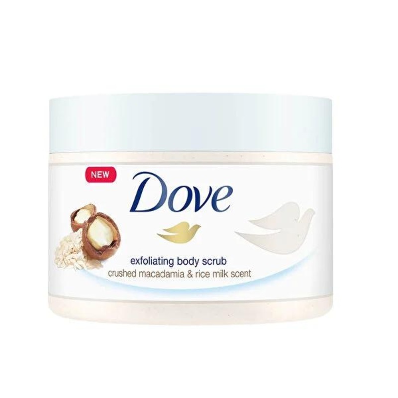 Dove Macadamia Nut & Rice Milk Body Scrub – Moisturizing Exfoliant for Dry Skin, 7.61 fl oz
