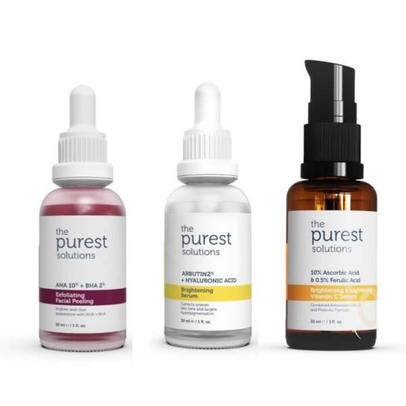 The Purest Solutions Skin Brightening Set: Exfoliating Peel, Arbutin & Vitamin C Serums – Even Tone, Radiance & Anti-Aging Skincare