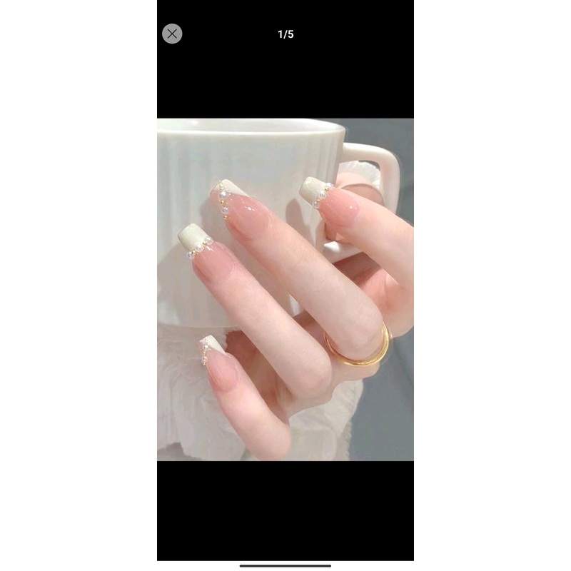 Shein 24pcs Medium Long T-shaped Pink Glitter French Geometry Patterned Nail Art Wrap, Detachable False Nails