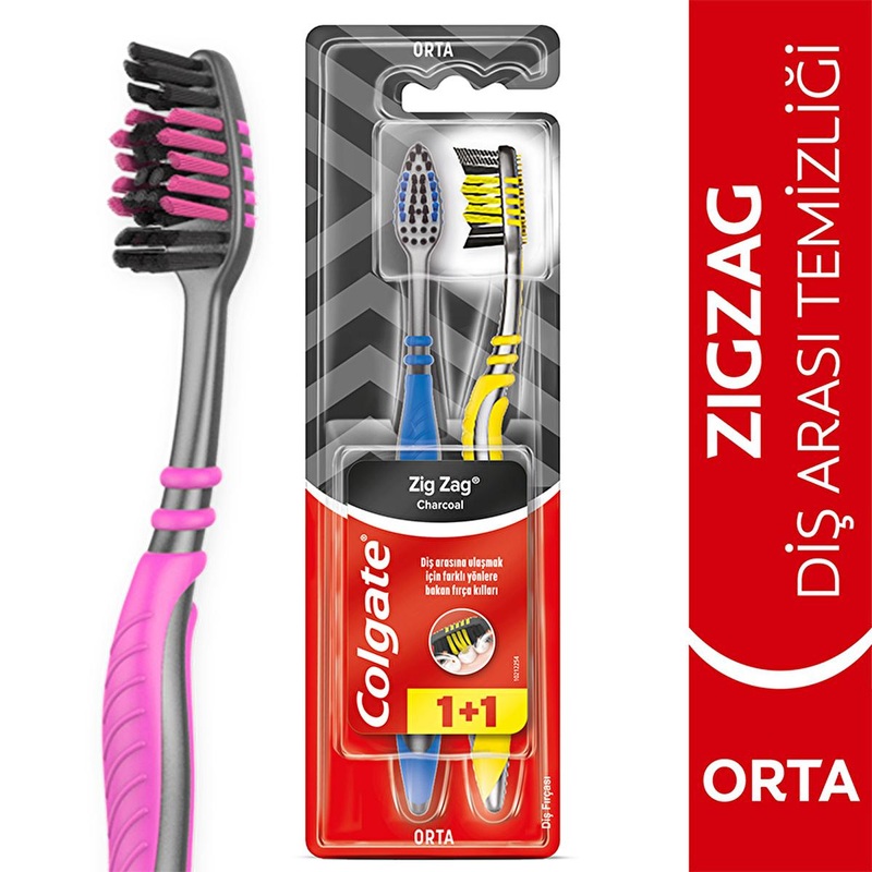 Colgate Zigzag Charcoal Toothbrush 2-Pack: Deep Interdental Cleaning, Black Bristles, Tongue Cleaner for Fresh Breath