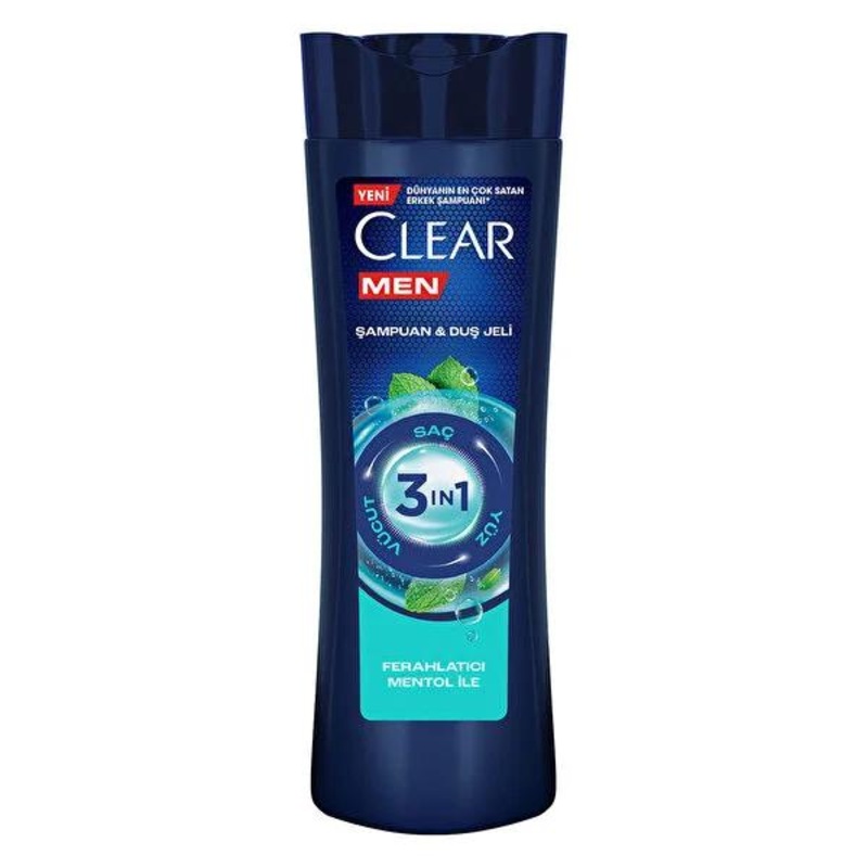Clear Men 3-in-1 Shampoo, Body Wash & Face Wash with Charcoal – 11.83 fl oz, Anti-Dandruff, Menthol Refresh