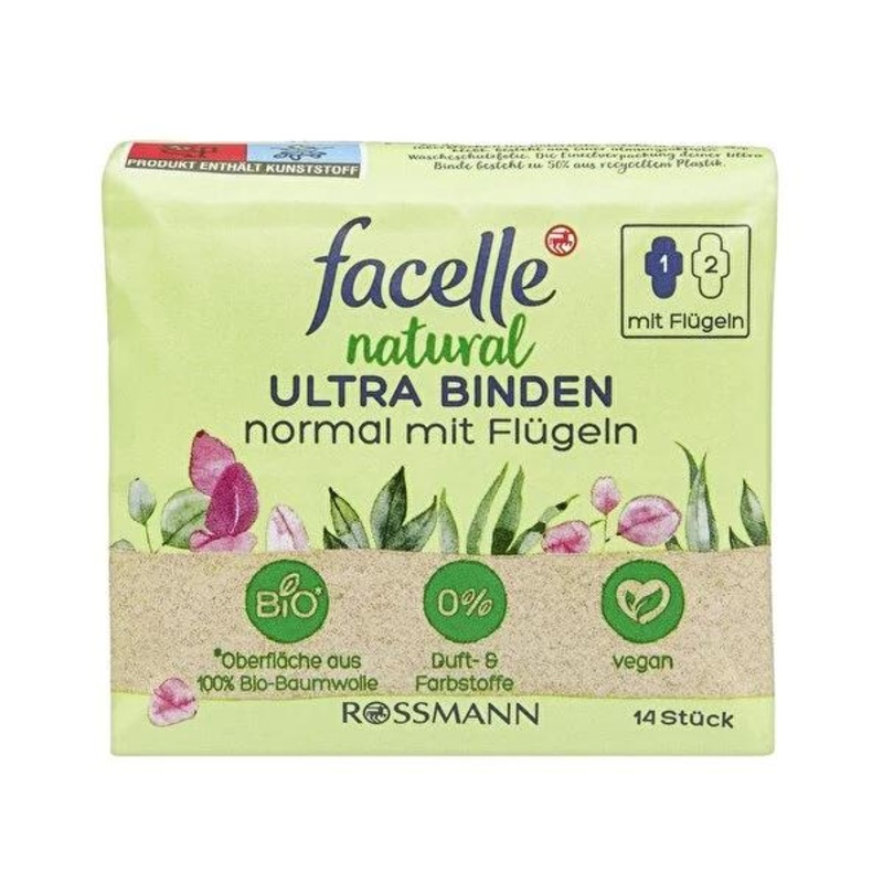 Facelle Natural Ultra Feminine Hygiene Pads with Wings: Breathable, Vegan, & Dermatologically Tested for Sensitive Skin – 14 Count