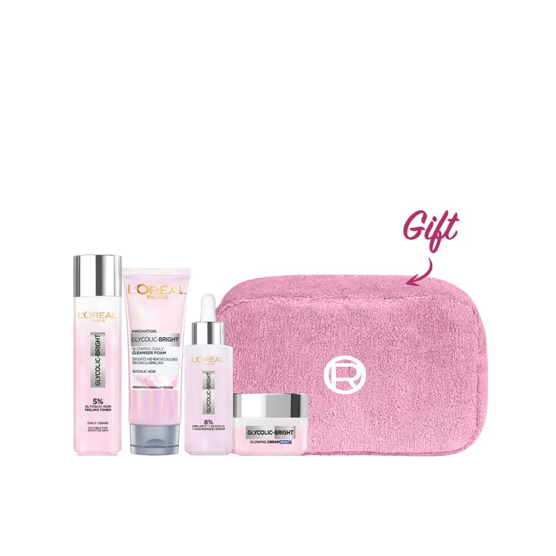-20% FREE Pouch L’Oreal Paris Glycolic Bright Serum + night cream + Wash + Peeling Toner