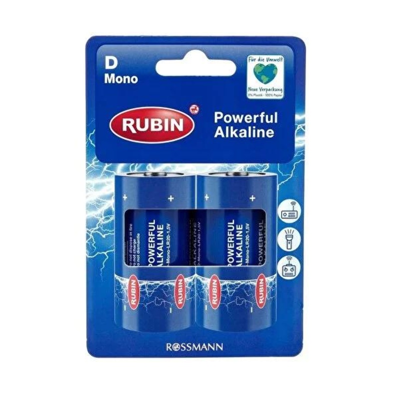 Rubin Mono D Alkaline Batteries LR20 1.5V – Eco-Friendly Packaging, Reliable Power for Flashlights & Radios