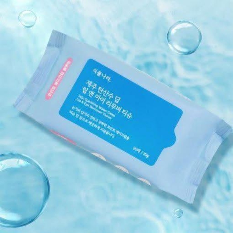 Shingmulnara Jeju Sparkling Water Lip & Eye Remover Tissue (20ea)  89g | Big-Sized Oil-Based Wipes for Dark Makeup Removal