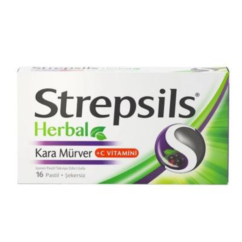 Strepsils Herbal Elderberry + Vitamin C Lozenges: Natural Sore Throat Relief & Immune Support – 16 Pastilles