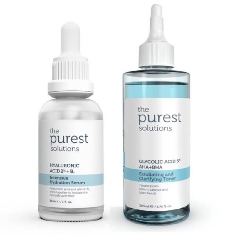 The Purest Solutions Skincare Set for Dry & Uneven Skin – Hyaluronic Acid Serum & Glycolic Acid Toner – Intensive Hydration, Exfoliation, Pore Minimizing