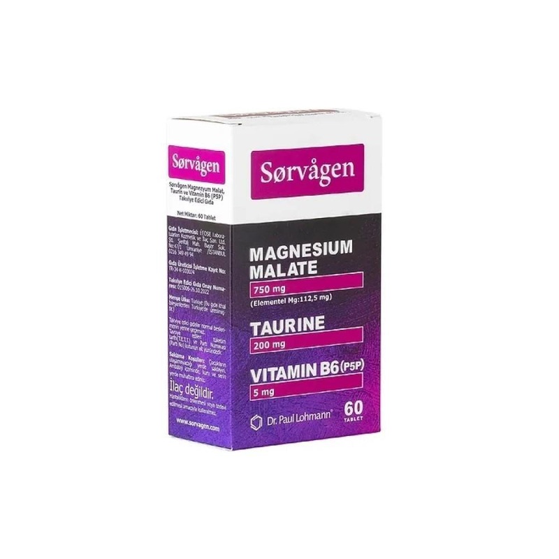 Sorvagen Magnesium Malate Supplement with Taurine and Vitamin B6 – 60 Tablets for Energy and Muscle Support