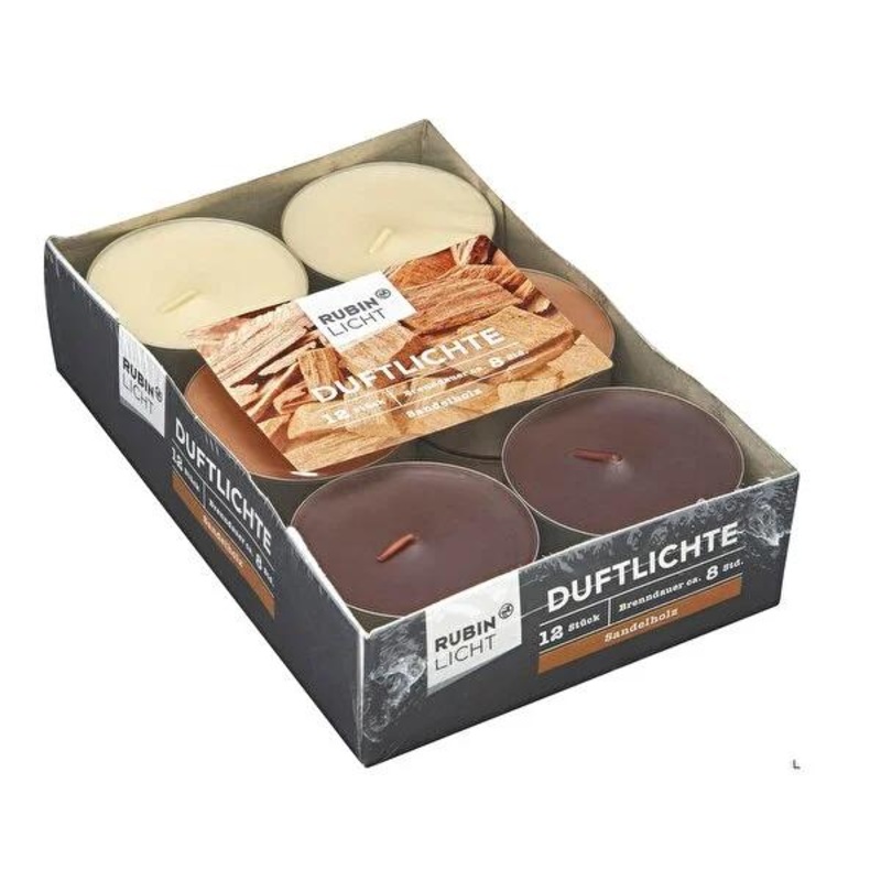 Rubin Licht Tealight Scented Candle – Sandalwood Fragrance, 12-Pack Maxi Size for Relaxing Ambiance