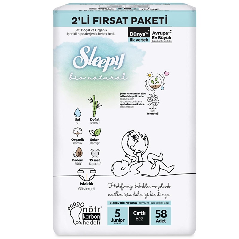 Sleepy Bio Natural Junior Baby Diapers (Size 5): Natural Bamboo, Organic Cotton | 15-Hour Absorbency, Wetness Indicator, Eco-Friendly