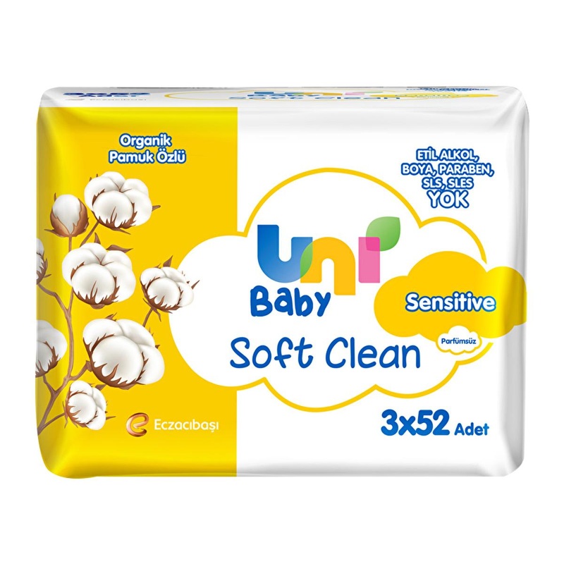 Uni Baby: Soft Clean Organic Cotton Sensitive Baby Wipes 3-Pack (156 Count) – Gentle, Hypoallergenic, Fragrance-Free Newborn Wipes