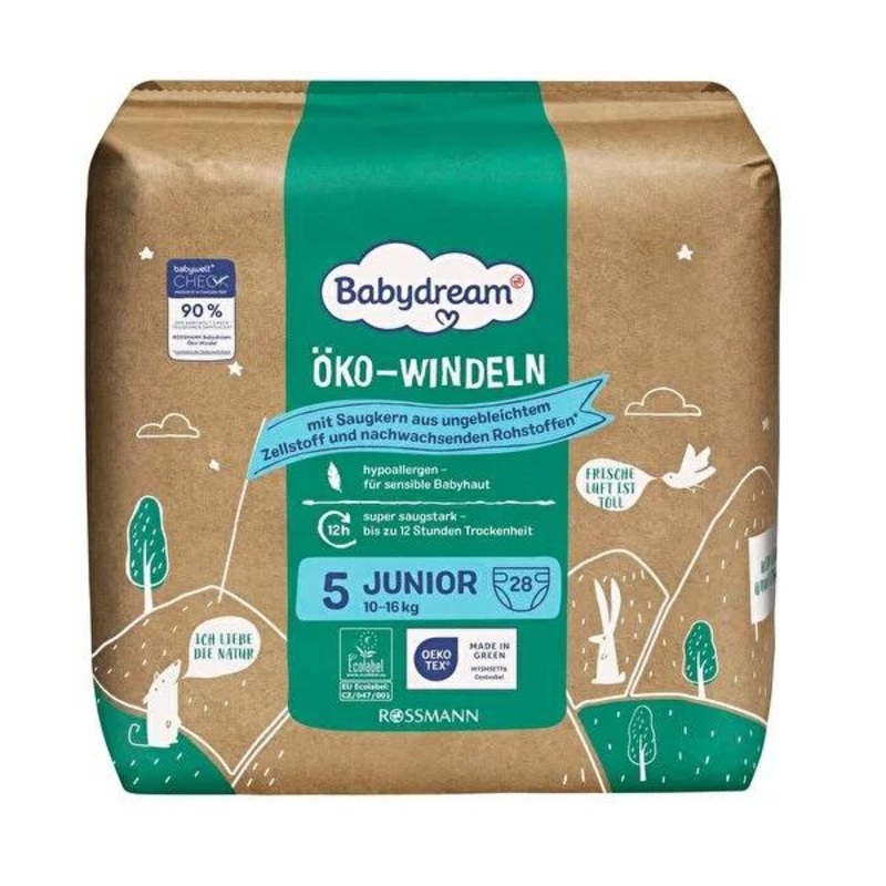 Babydream Eco Baby Diapers Size 5 (28-Count) – 12-Hour Dryness, Sensitive Skin, Eco-Friendly Protection