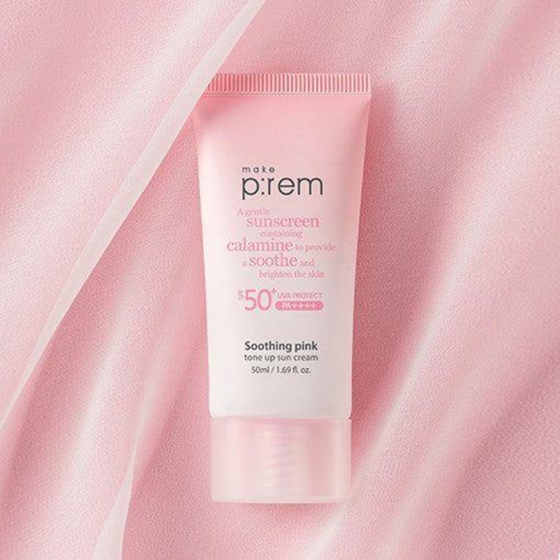 make p:rem Soothing Pink Tone Up Sun Cream  50ml | SPF50+ PA++++ Mineral Sunscreen for Brightening & Sensitive Skin