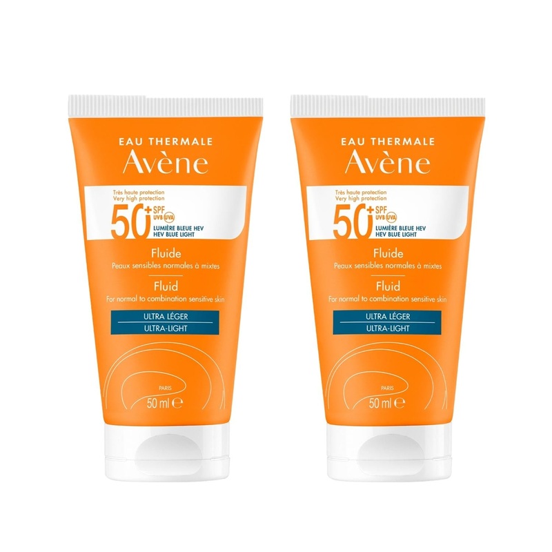 Avene Solaire Fluide SPF 50+ Sunscreen (2-Pack): High UVA/UVB Protection for Sensitive Skin | Best Sun Protection for Face