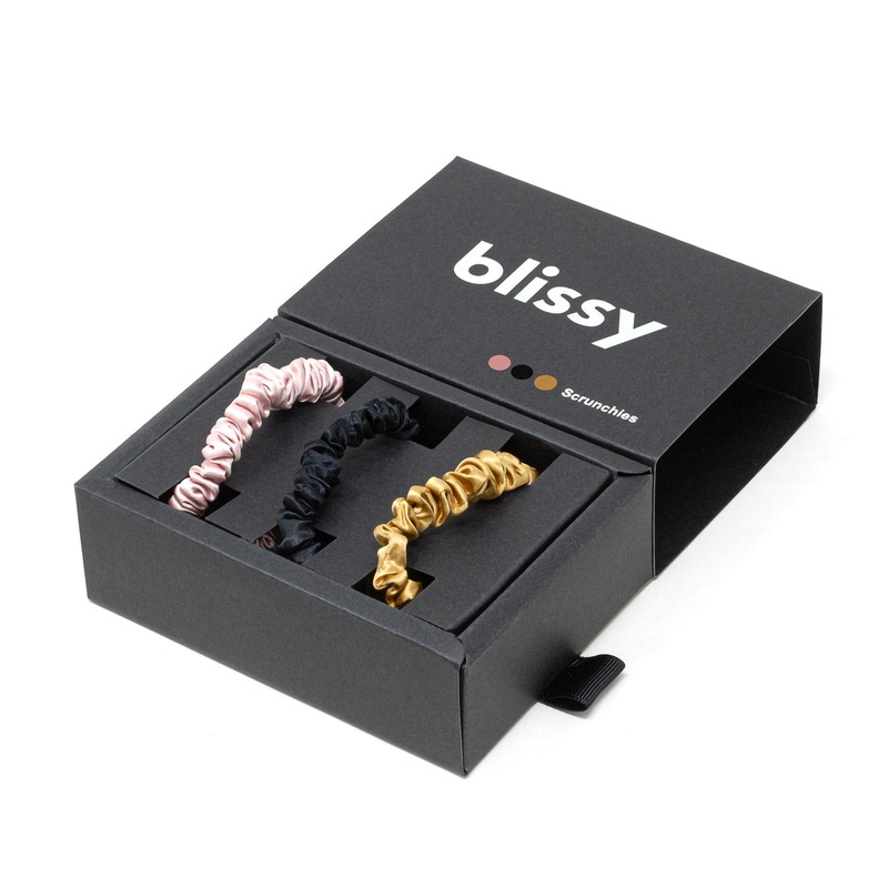 Blissy Silk Scrunchie 3Pk: Skinny Black+Gold+Pink Multiple