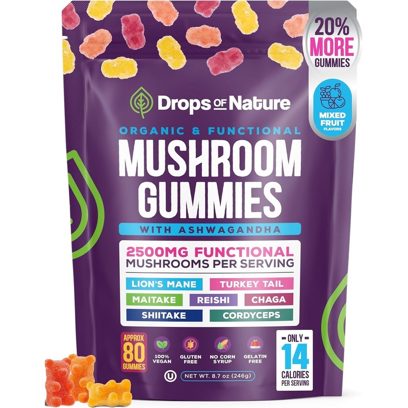 Drops Of Nature Mushroom Gummies  246g | Advanced Mushroom + Ashwagandha Blend for Immune Support, Focus & Wellbeing Mushroom Original