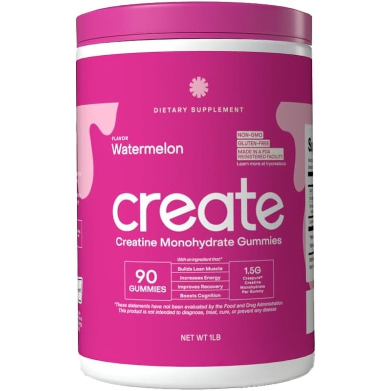 Create Creatine Monohydrate Gummies  90 Gummies, Watermelon Flavour | Vegan, NonGMO Creatine for Strength, Focus & Recovery Watermelon