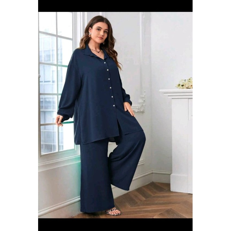 SHEIN LUNE Plus Solid Button Front Shirt & Wide Leg Pants (XL)