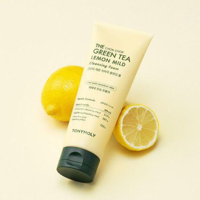 TONYMOLY The Chok Chok Green Tea Lemon Mild Cleansing Foam  150ml | Gentle pH 5.5 Cleanser for Radiant, Clear Skin