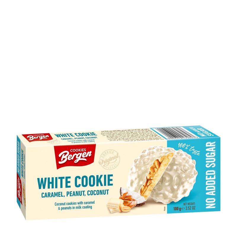 Bergen White Cookie caramel, peanut & coconut, 100 g