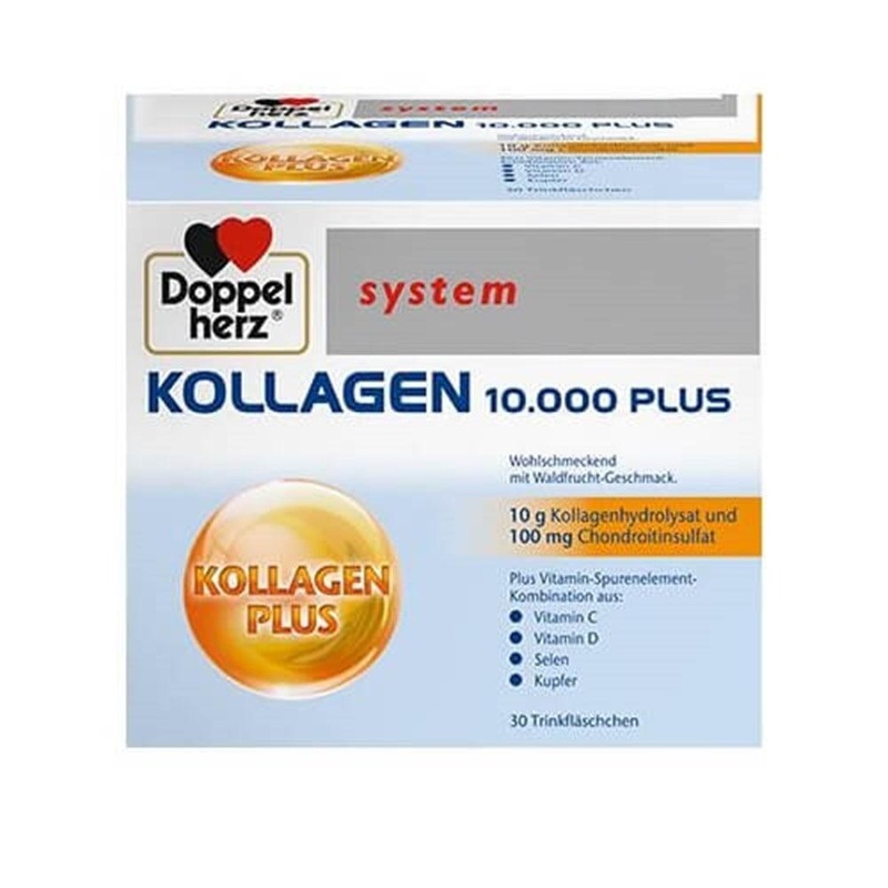 Doppelherz Kollagen 10.000 Plus: High-Dose Hydrolyzed Collagen Drink for Joint Health & Skin Elasticity – Raspberry, Elderberry & Grape Flavor (30 Flacons)