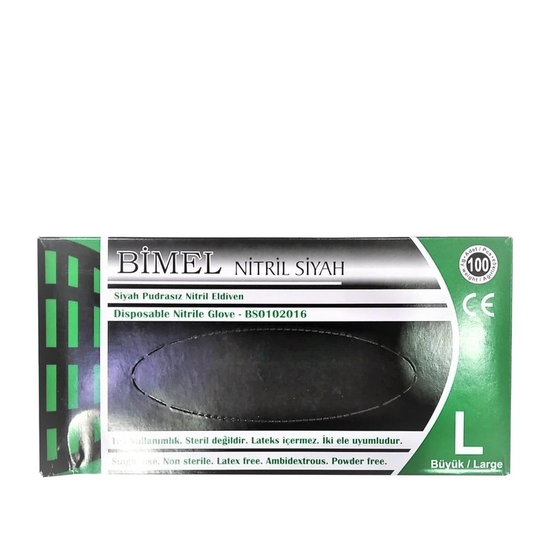 Bimel Nitrile Examination Gloves – Powder-Free, Black, Large – 100 Count – Latex Allergy Friendly
