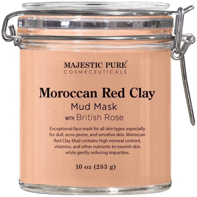 Majestic Pure Moroccan Red Clay Facial Mud Mask with British Rose  250ml  Deep-Cleansing, Soothing & Radiance-Boosting Clay Mask for All Skin Types