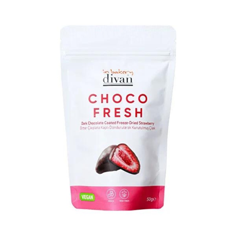 Divan Chocofresh: Bitter Chocolate Strawberry Candy Snack – Indulge in Decadent Dark Chocolate Covered Strawberries, Fresh, Fruity, 50g