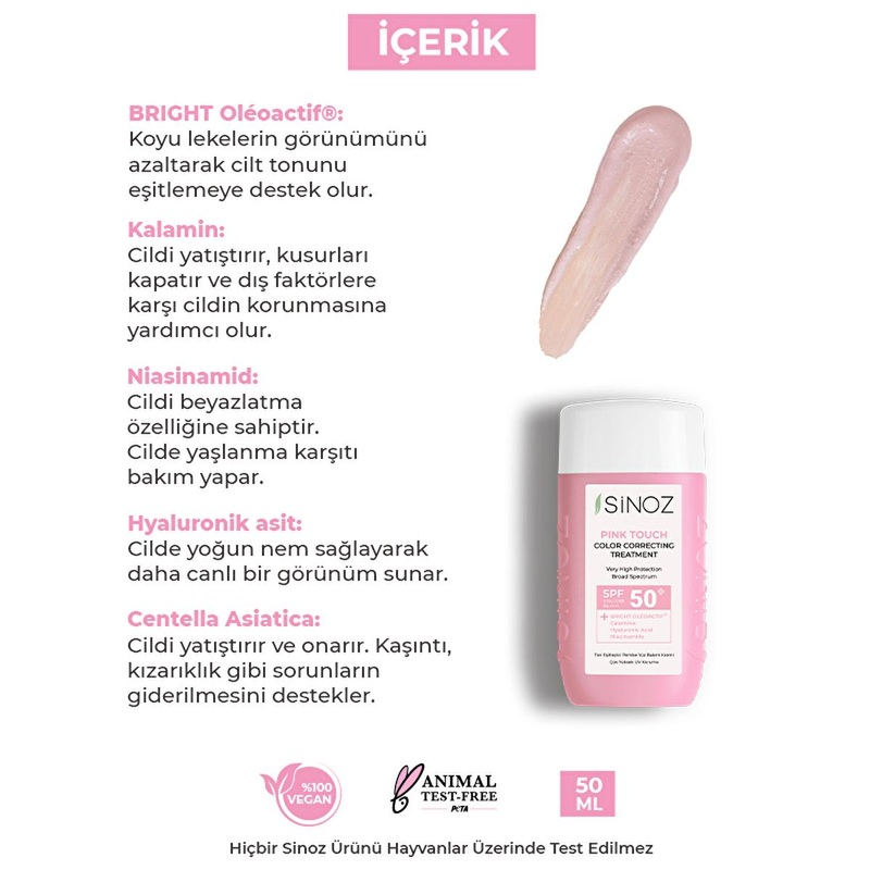 Sinoz Pink Touch SPF50+ Tone-Up Sunscreen: Color Correcting, Redness Reducing, and Brightening Mineral Facial Sunscreen with Hyaluronic Acid – 1.69 fl oz