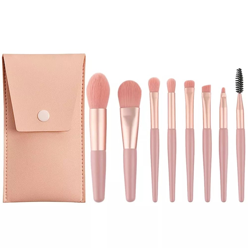 Wreesh 8-piece mini makeup brush matte wooden handle soft hair beauty tool brush-light pink