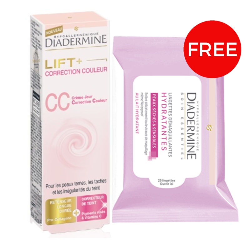 Diadermine lift correction couleur creme jour+free lingettes demaquillantes hydratantes