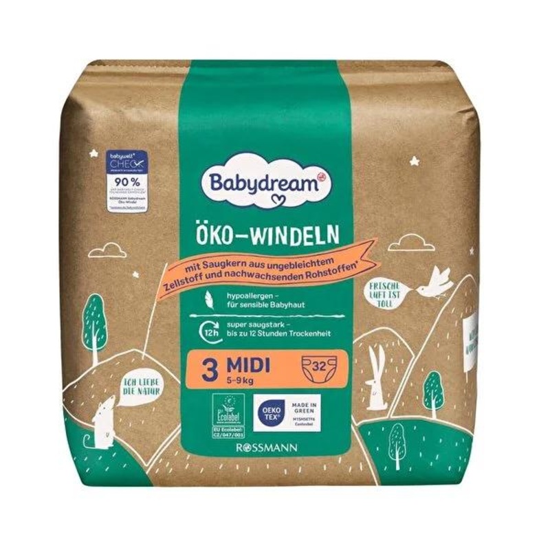 Babydream Eco Baby Diapers Size 3 (32-Count) – Gentle, Hypoallergenic, and Overnight Protection for Sensitive Skin