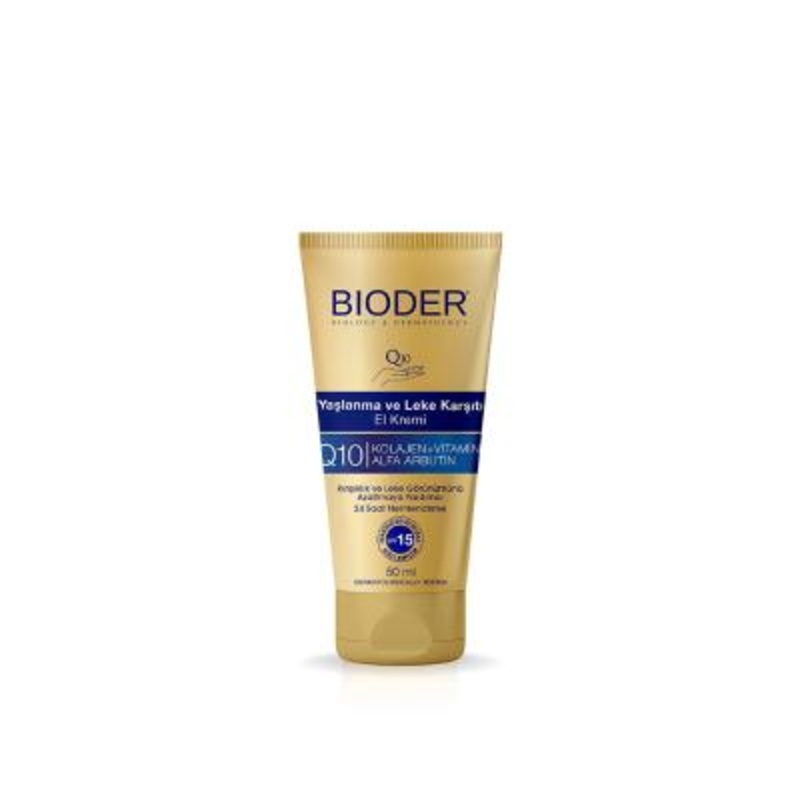 Bioder Anti-Aging Hand Cream 50ml: Reduce Wrinkles & Dark Spots with Collagen, Q10, Arbutin, & Vitamin C. SPF 15 Sun Protection Included.