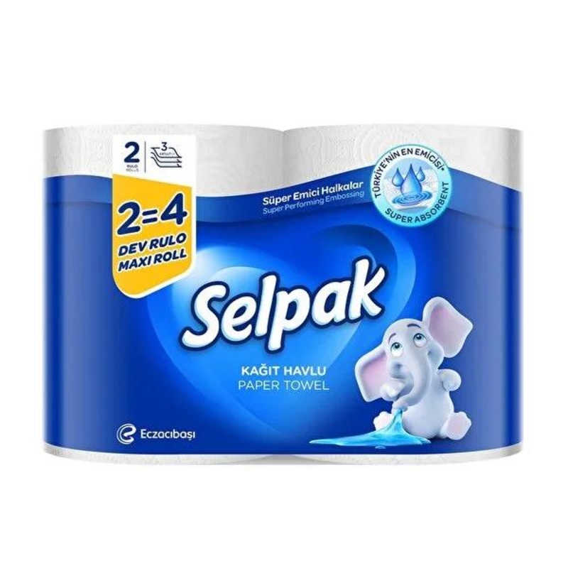 Selpak Absorbent Paper Towels: 2 Packs of 4 Rolls, 3-Ply Strength, Durable Kitchen Towels