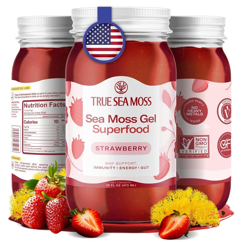 TrueSeaMoss Sea Moss Gel Superfood  473ml, Strawberry Flavor | Immunity, Energy & Digestion Support Strawberry 16 Fl Oz (Pack Of 1)