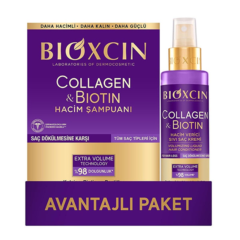 Bioxcin Collagen Biotin Shampoo & Leave-In Conditioner Set: Volumize, Strengthen & Prevent Hair Loss – Thickening Shampoo for Thin Hair
